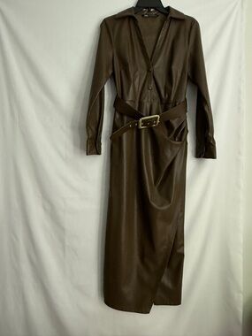 ZARA Khaki Green Faux Leather Stretch V-Neck Button Up Shirt Dress US2 XS/Small